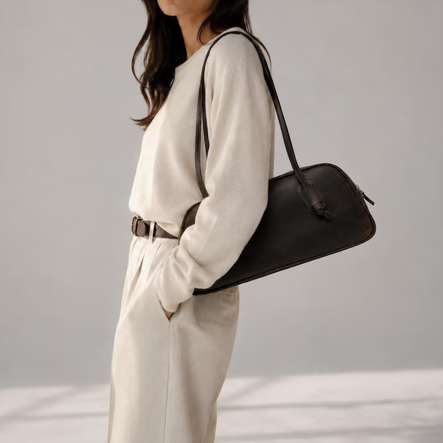Handmade Genuine Leather Barrel Baguette Shoulder Bag
