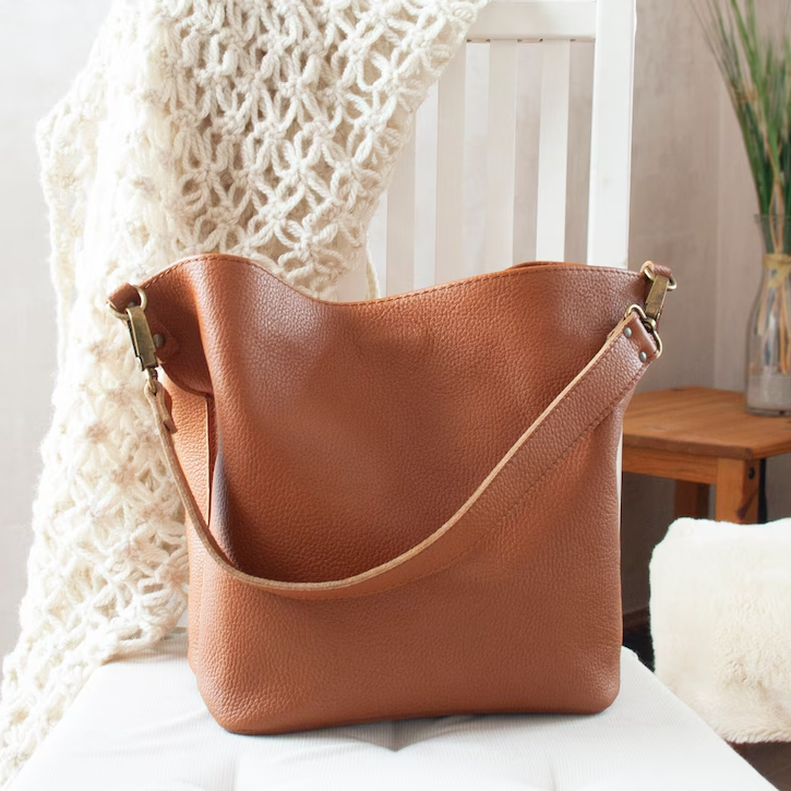 Genuine Pebbled Leather Adjustable Strap Hobo Shoulder Tote Bag