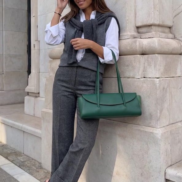 Green Pebbled Leather Flap Baguette Shoulder Bag