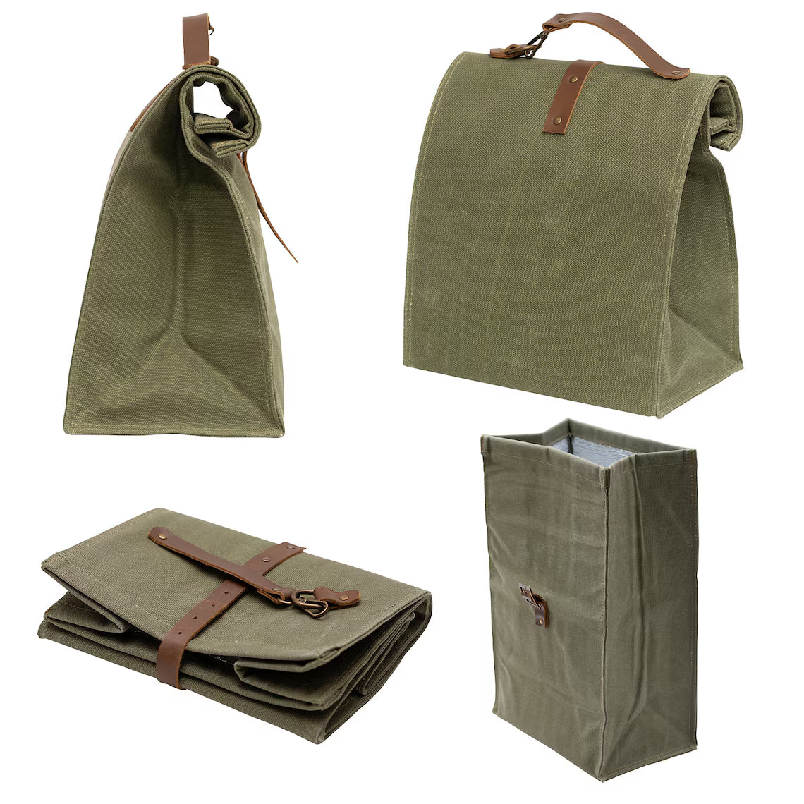 Olive Waxed Canvas Roll Top Large Capacity Lunch Bag