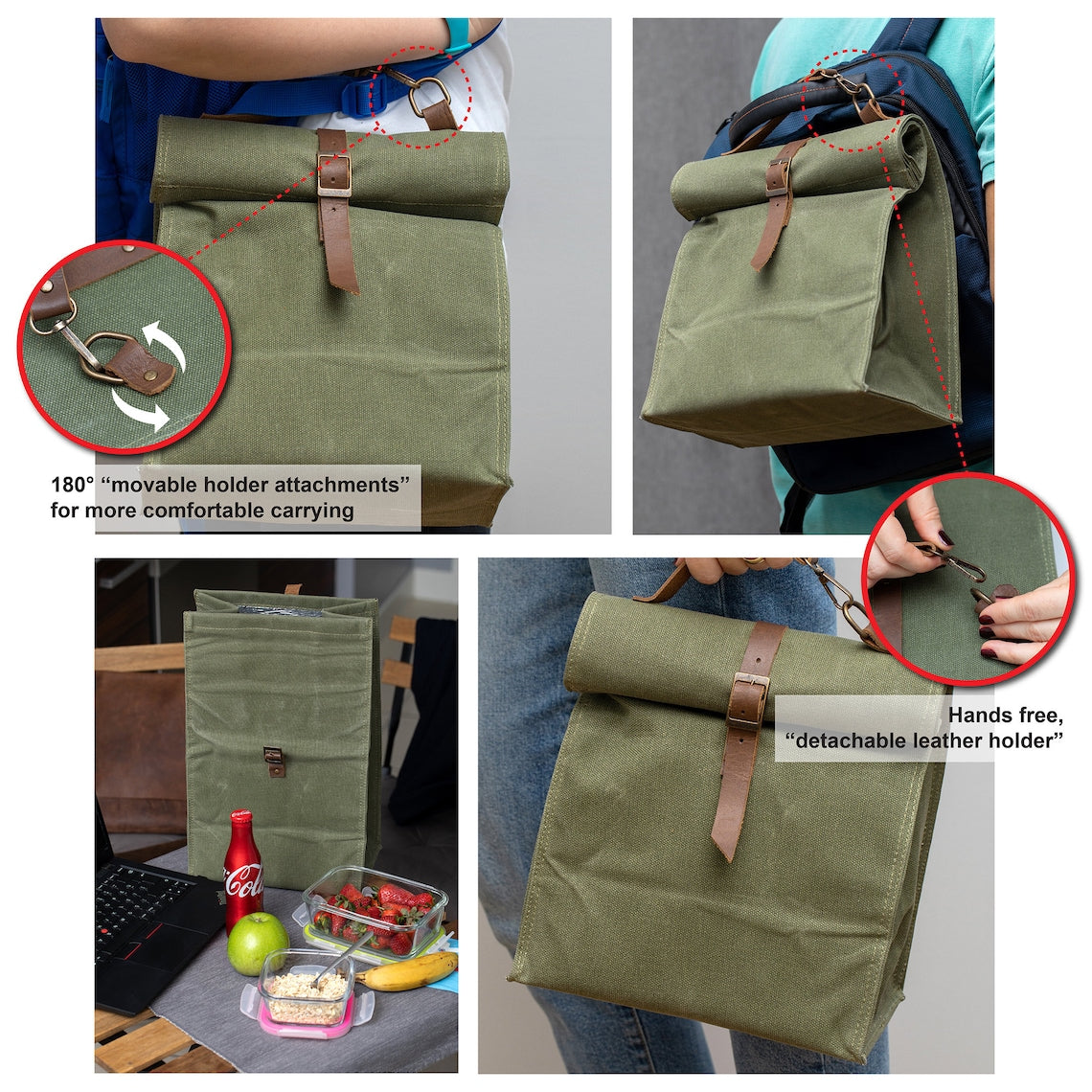 Olive Waxed Canvas Roll Top Large Capacity Lunch Bag