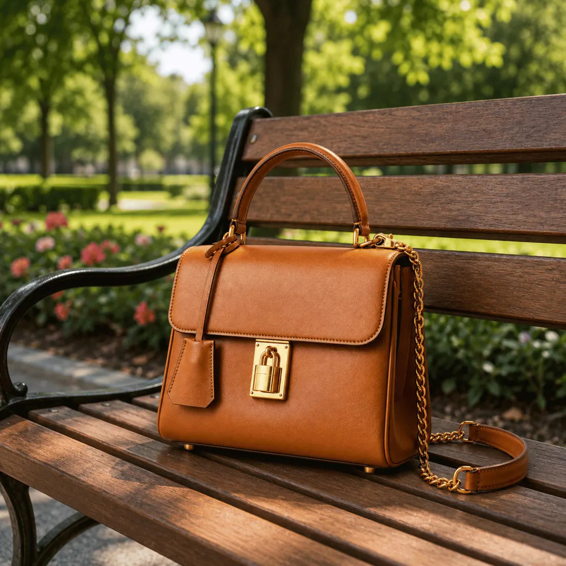 Vintage Brown Leather Flap Chain Strap Top Handle Crossbody Bag