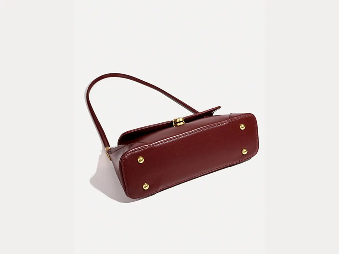 Burgundy Glossy Leather Flap Baguette Shoulder Bag