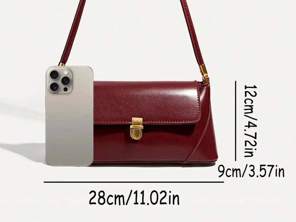 Burgundy Glossy Leather Flap Baguette Shoulder Bag