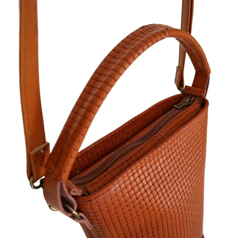 Textured Grid Genuine Leather Bucket Bag