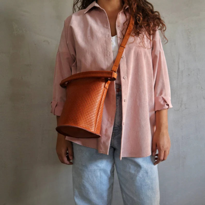 Textured Grid Genuine Leather Bucket Bag