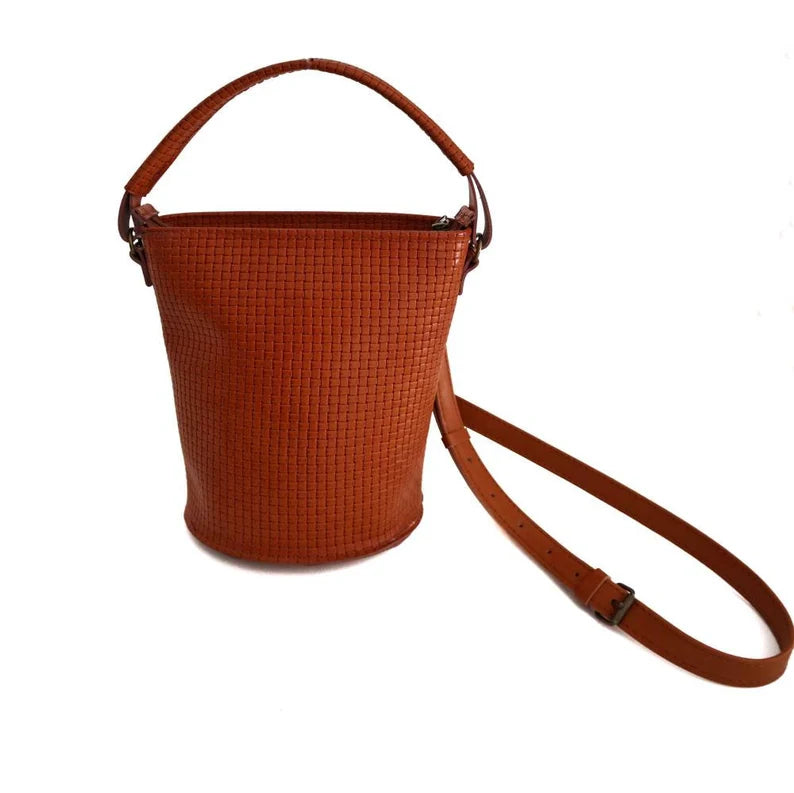 Textured Grid Genuine Leather Bucket Bag
