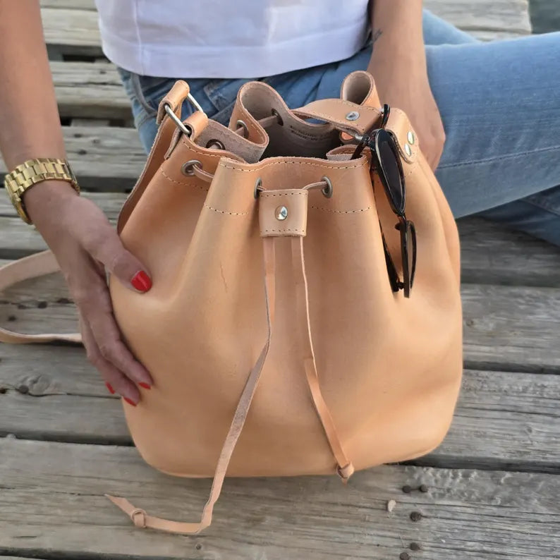 Natural Vegetable Tanned Leather Drawstring Large Bucket Bag