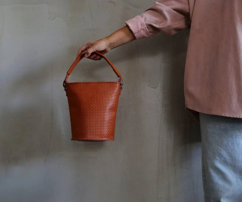 Textured Grid Genuine Leather Bucket Bag