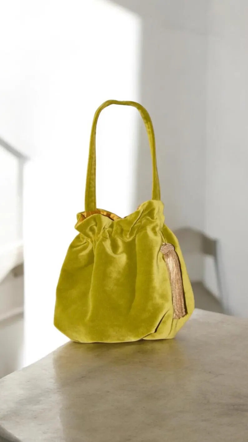 Olive Green Cotton Velvet Drawstring Bucket Shoulder Bag