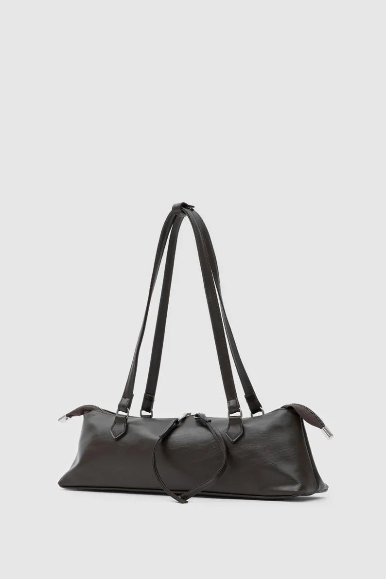 Dark Brown Soft Leather Long Baguette Underarm Shoulder Bag