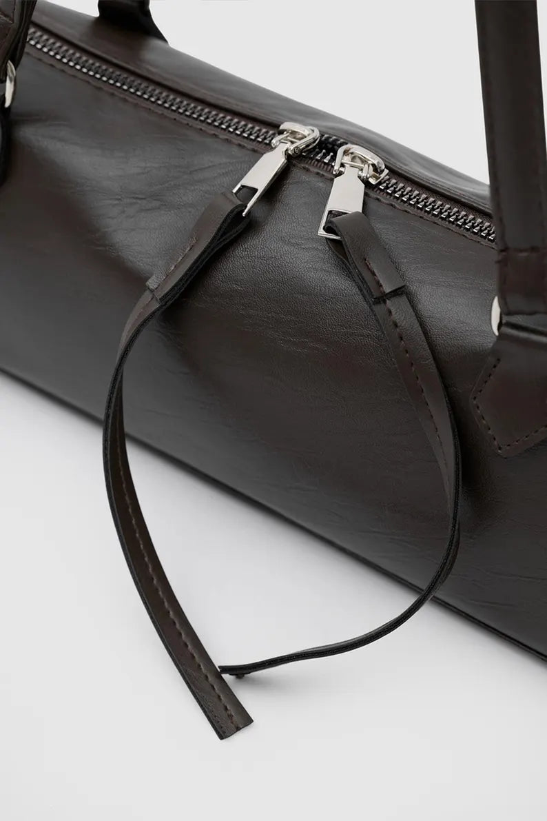 Dark Brown Soft Leather Long Baguette Underarm Shoulder Bag