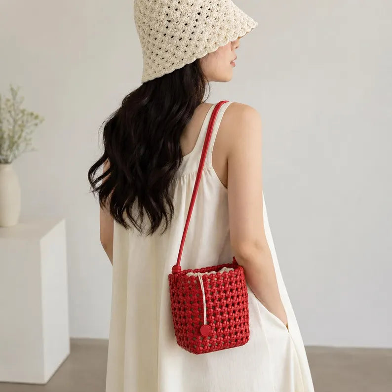 Hand Woven Cotton Mesh Bucket Crossbody Bag