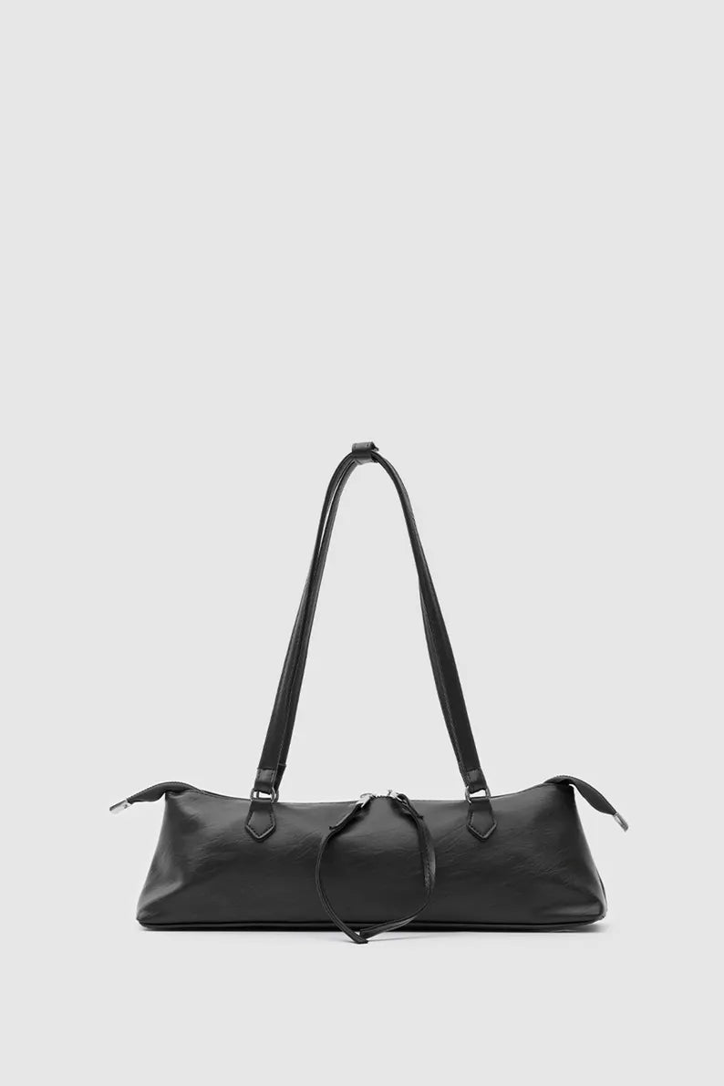 Dark Brown Soft Leather Long Baguette Underarm Shoulder Bag