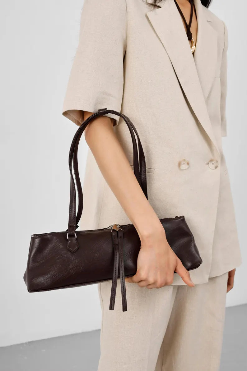 Dark Brown Soft Leather Long Baguette Underarm Shoulder Bag