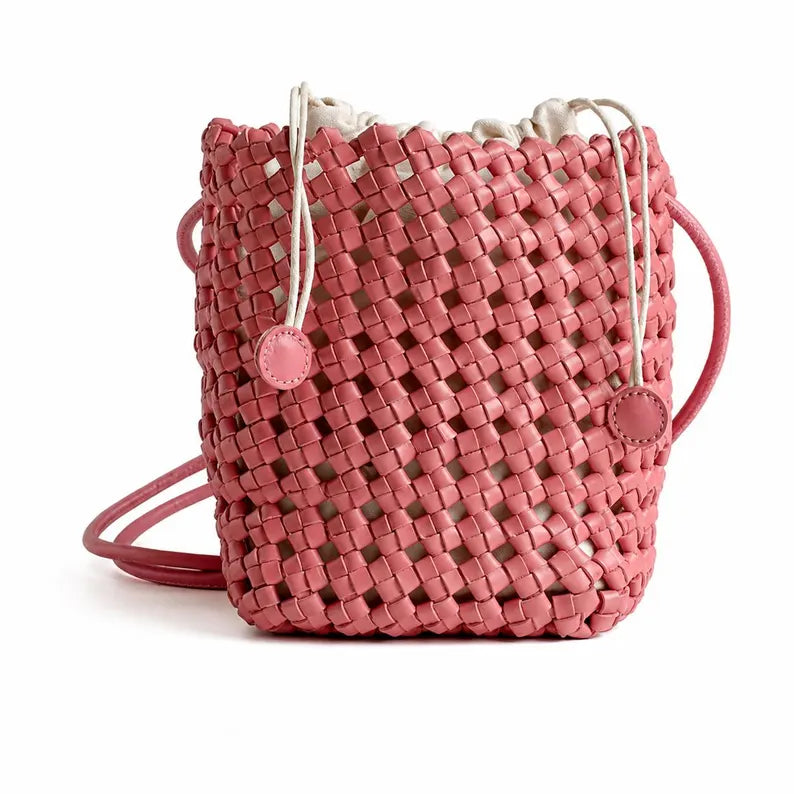 Hand Woven Cotton Mesh Bucket Crossbody Bag