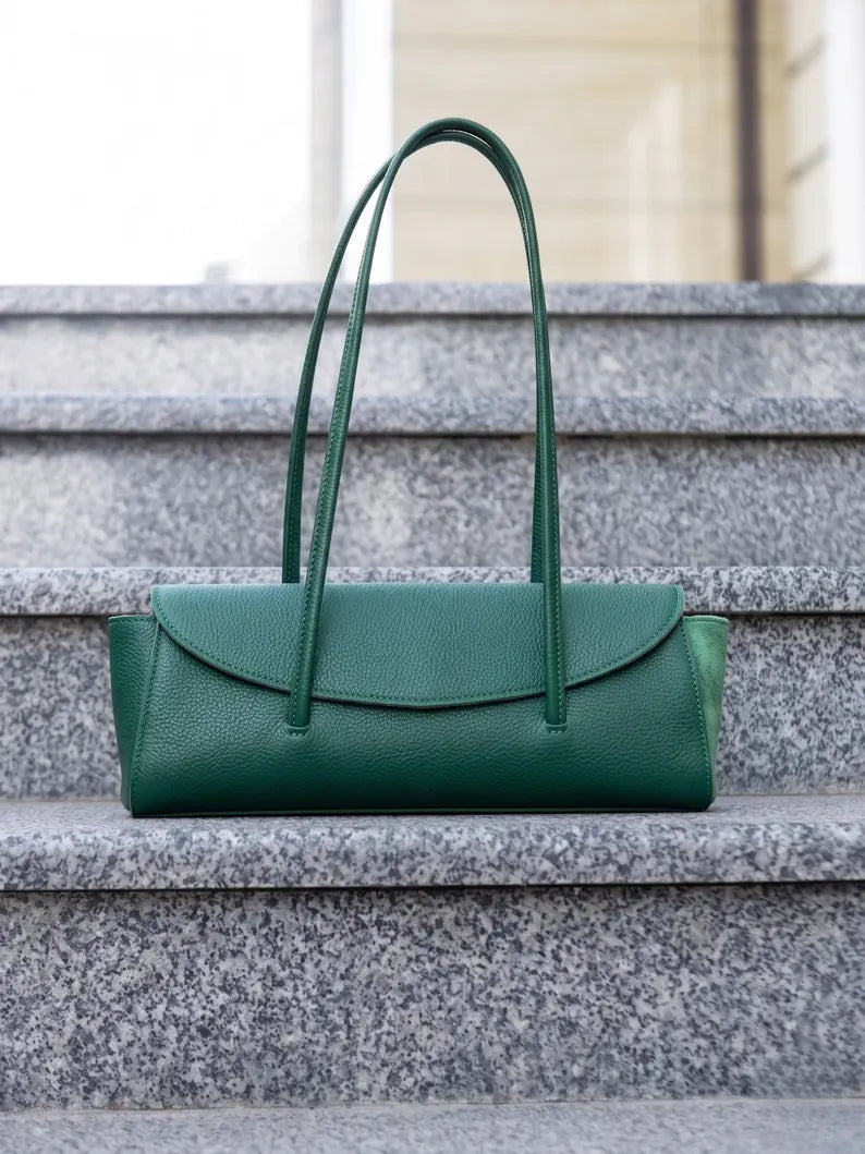 Green Pebbled Leather Flap Baguette Shoulder Bag