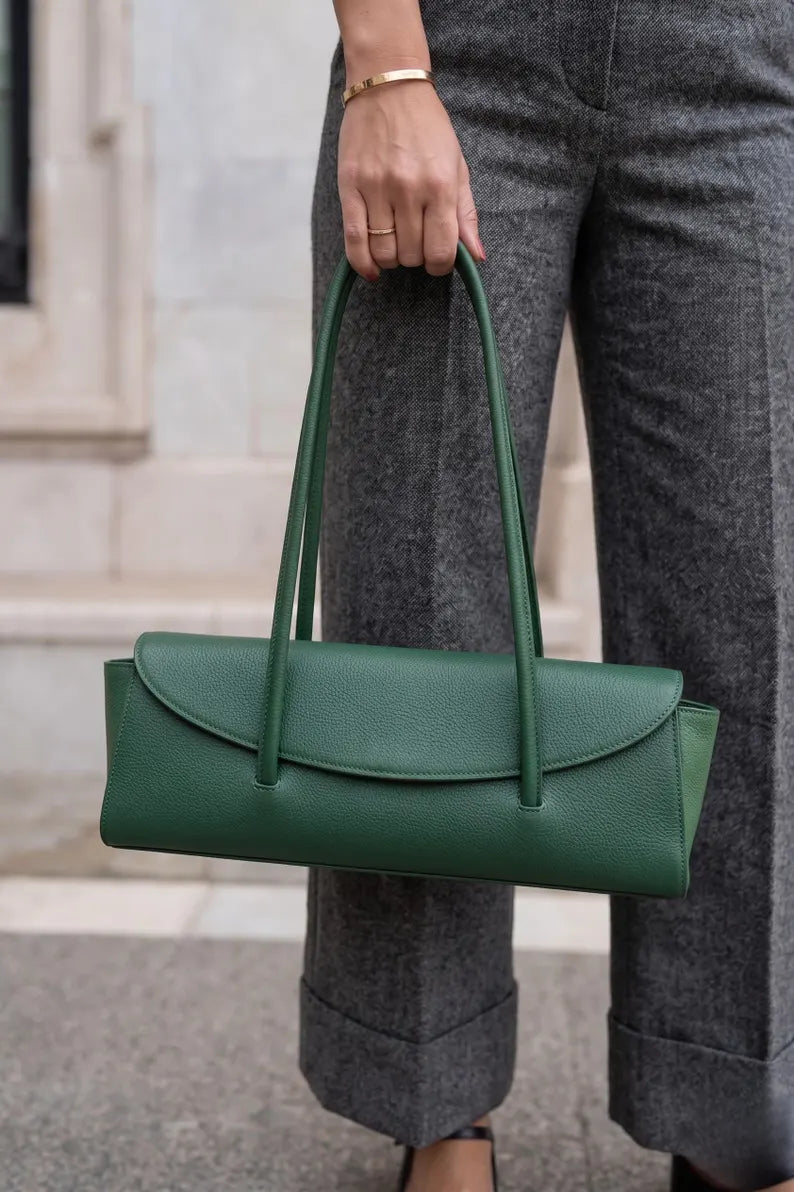 Green Pebbled Leather Flap Baguette Shoulder Bag