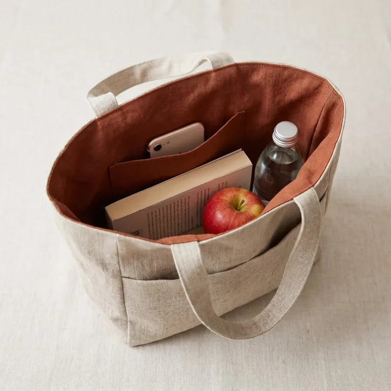 Two-Tone Linen Multi-Pocket Shoulder Tote Bag