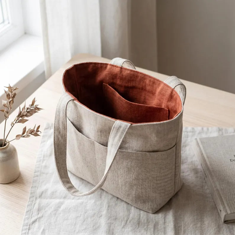 Two-Tone Linen Multi-Pocket Shoulder Tote Bag