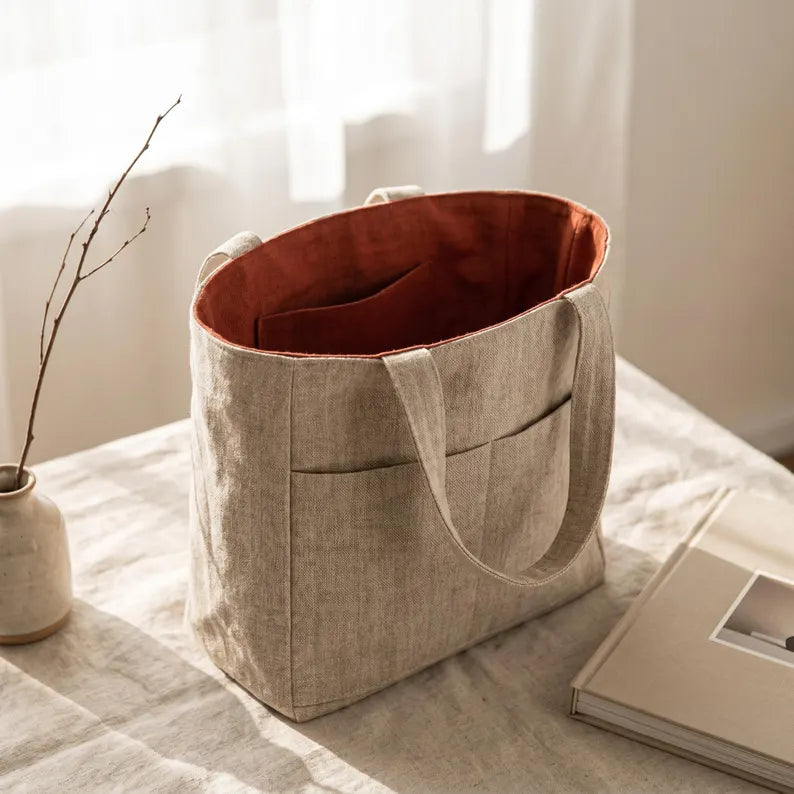 Two-Tone Linen Multi-Pocket Shoulder Tote Bag