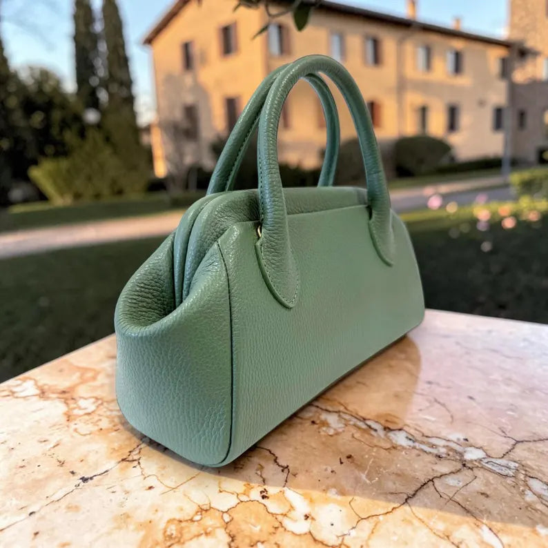 Light Green Pebbled Leather Frame Doctor Handbag