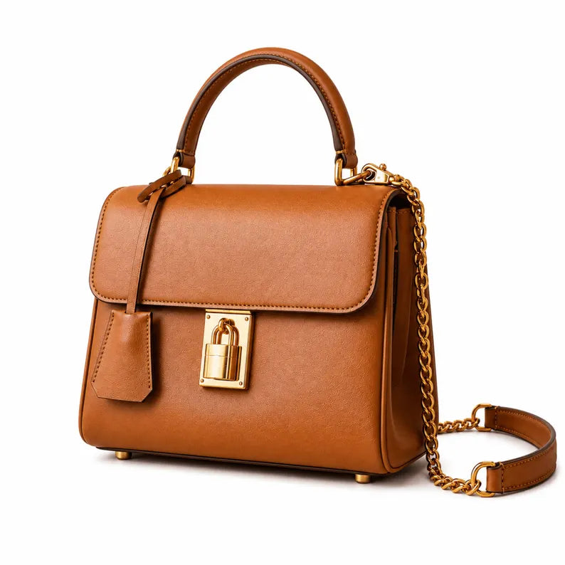 Vintage Brown Leather Flap Chain Strap Top Handle Crossbody Bag