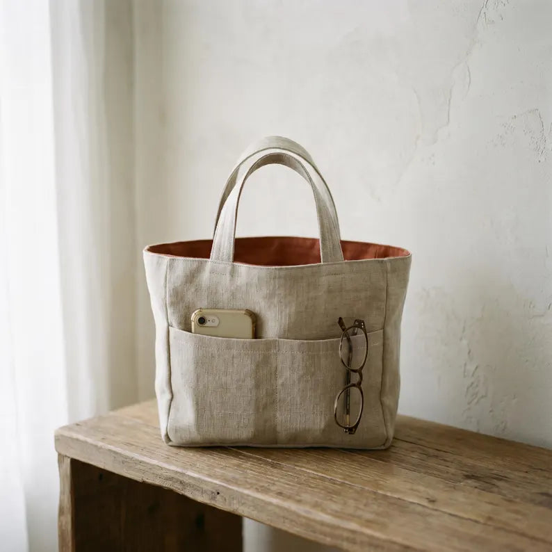 Two-Tone Linen Multi-Pocket Shoulder Tote Bag
