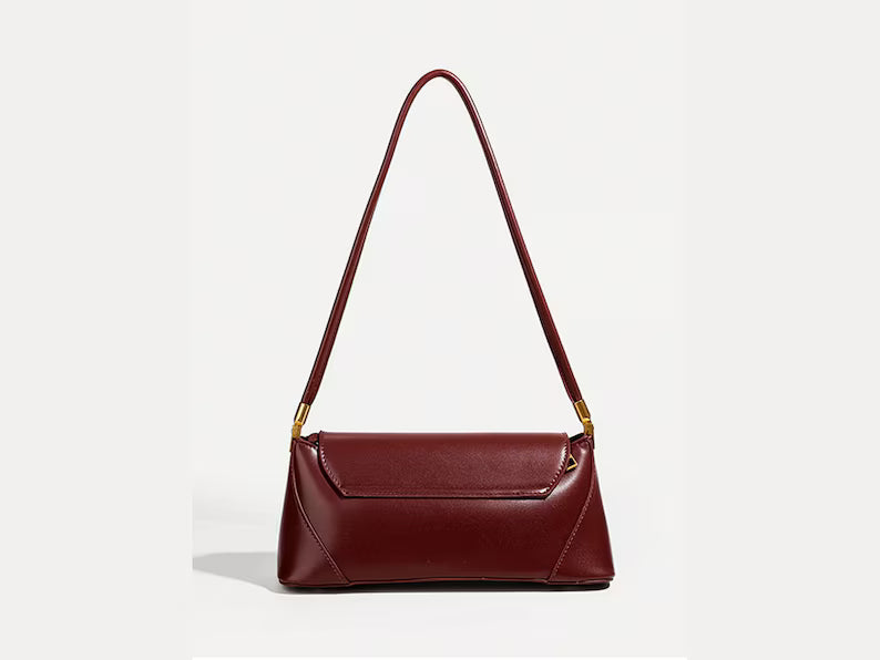 Burgundy Glossy Leather Flap Baguette Shoulder Bag
