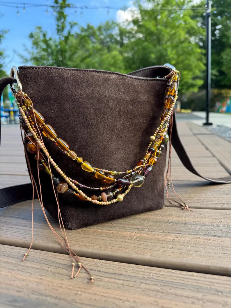 Dark Suede Bucket Crossbody Bag