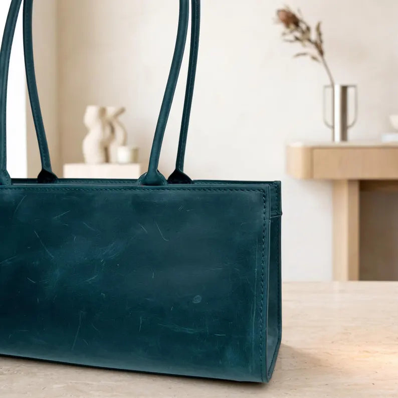 Dark Green Vintage Leather Baguette Underarm Shoulder Bag