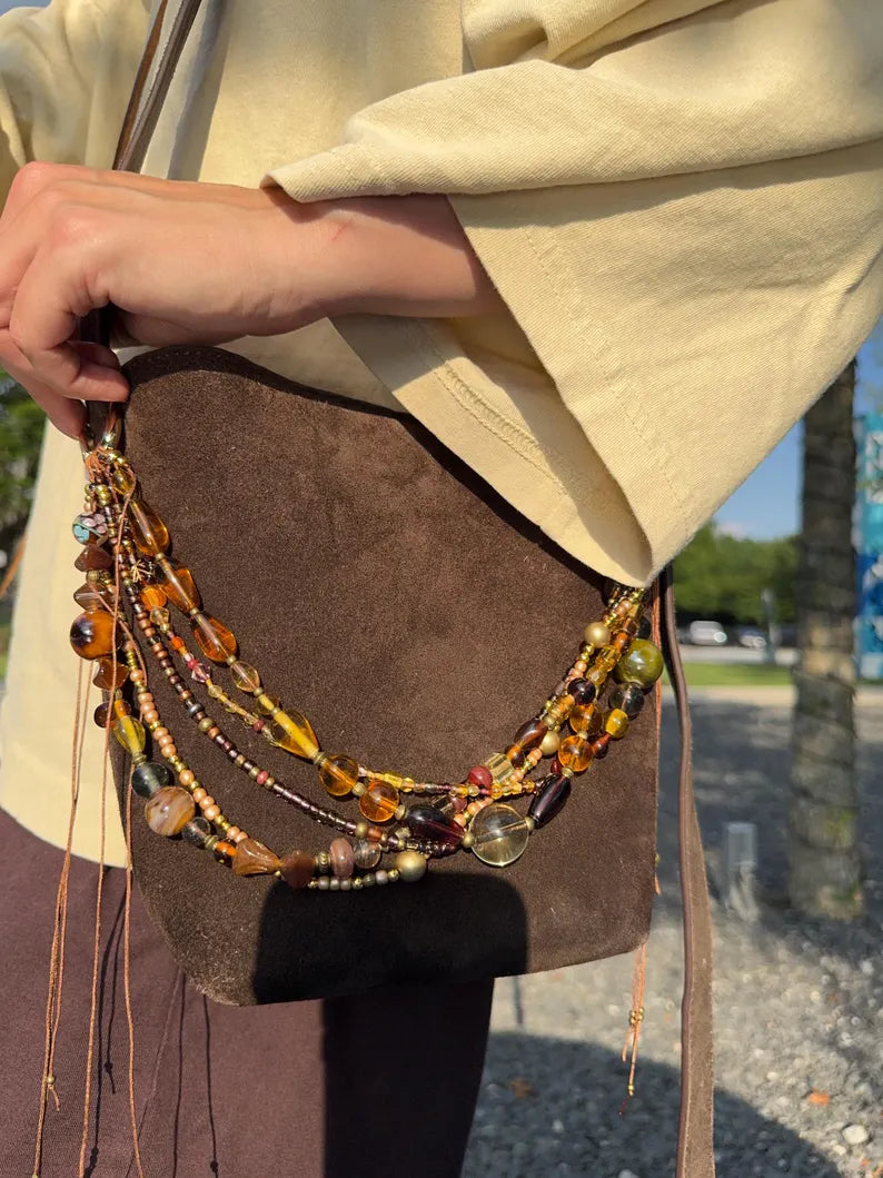 Dark Suede Bucket Crossbody Bag